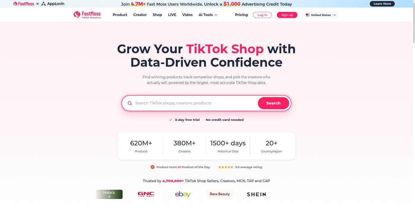 Fastmoss TikTok Shop analytics platform homepage with product and creator search